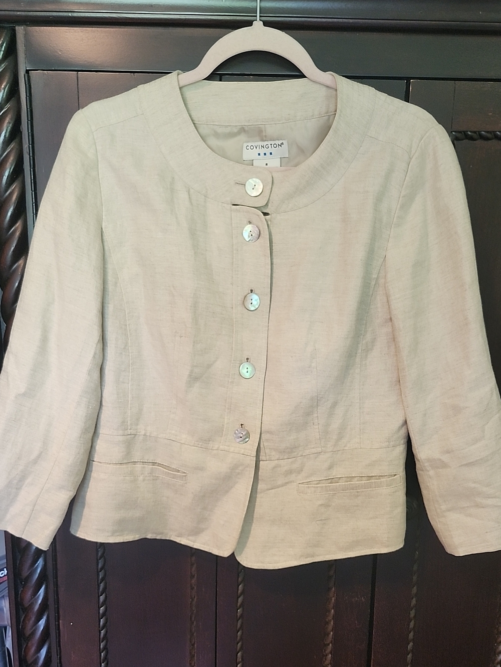 Covington Beige Collarless Linen-Blend Button Jacket